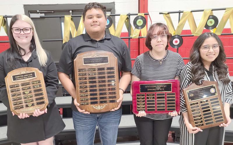 Perryton High School students were honored and recognized for their academic achievements during the year at the Academic Awards Banquet held in Rangerette Gym. Speech and drama students receiving awards included, from left: Rhia Hargues (Outstanding Drama Student), Elpidio Elias Becerril (Outstanding Speech Student), Milagros Espino (Outstanding Technician), and Grace Revilla (Most Promising Newcomer). Not pictured is Carlos Hernandez, winner of the Jack R. Allen Speech Award.