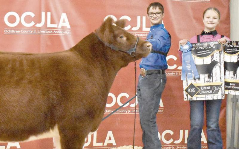 At the Ochiltree County Junior Livestock Show and Sale on Jan. 17-18, Jake Schickedanz took home the award for Reserve Grand Champion Steer. Pictured are, from left, Jake Schickedanz and Sydney Schickedanz. ( Photo credit: Morgan Dudley)