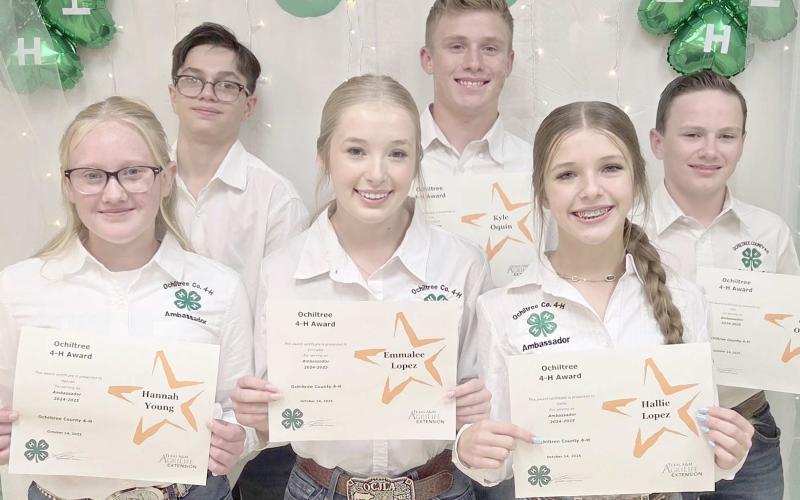 4-H AMBASSADORS— Ochiltree County 4-H recently elected their new Ambassadors for 2025-2026. 4-H Ambassadors help promote Ochiltree 4-H in the community, through a number of events and projects, including the Wheatheart Celebration parade, Family Fun Nights, 4-H recruitment nights, the County Livestock Show and Sale, and more. Pictured are, from left, front row: Hannah Young, Emmalee Lopez, and Hallie Lopez; back row: Lou Tarango, Kyle Oquin, and Clay Oquin.