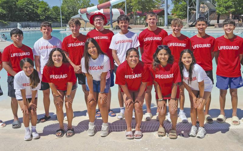 The Perryton Municipal Water Park has opened for another summer season, with a new crop of lifeguards working to keep swimmers safe. Pictured are, from left, front row, Karyme Martinez, Jocelyn Martinez, Katie Ponce, Jackie Ramirez, and Samantha Ortega; and back row, Samuel DeSantiago, Saul Garcia, Sean Newton, Kaiden Walsh, Cooper Bishop, Max Esquivel, Brayden Newman, Santiago Monreal, Ricky Munoz, Angel Lopez, and Alex Venegas.