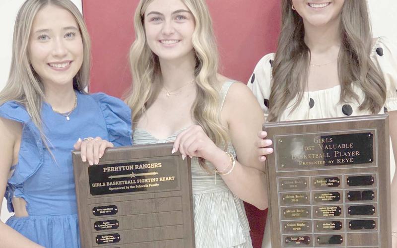 Perryton High School’s girls basketball team was recognized at the annual All Sports Awards Banquet on May 4 at PHS. Pictured are, from left, Juliet Mier and Maci Cook, who shared the Fighting Heart award, and Mallee Vela, who was named the team’s Most Valuable Player.