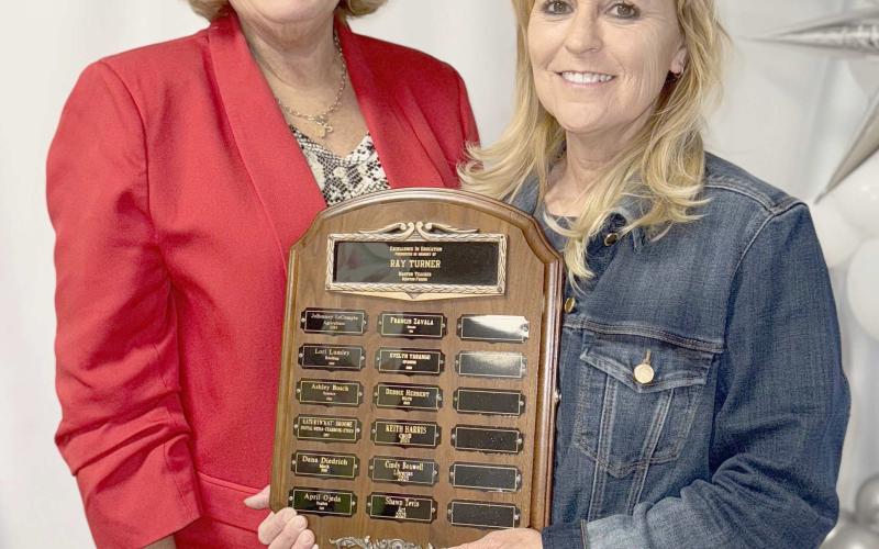 This year’s Excellence in Education Award, presented during the annual awards ceremony at Perryton High School on Tuesday, May 13, was presented to two teachers from the high school. They are, from left, PHS art teacher Shawn Tevis and school librarian Cynthia Boxwell.