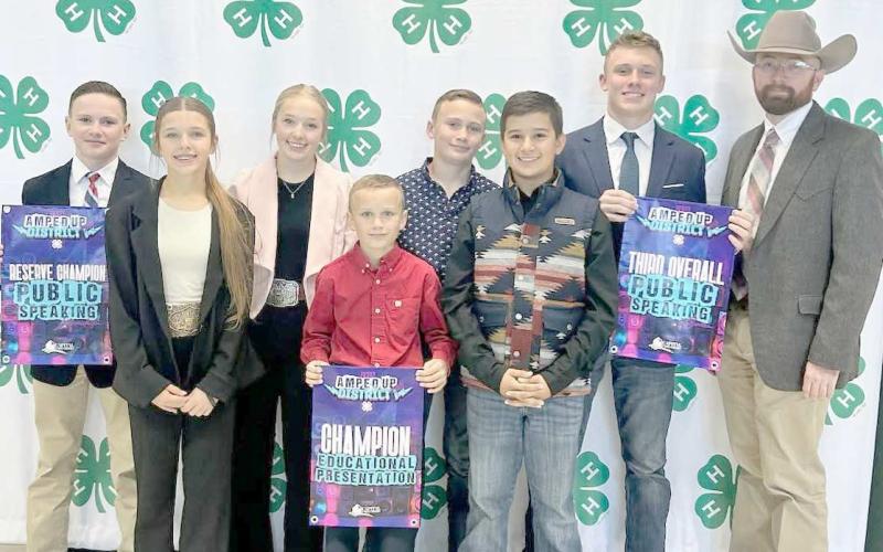 4-H STUDENTS COMPETEAT ROUNDUP— Students in Ochiltree County 4-H competed at the Panhandle District 4-H Roundup recently in Amarillo, with Kyle Oquin advancing to state competition in Public Speaking. Pictured are, from left, Clay Oquin, Hallie Lopez, Emmalee Lopez, Matthew Oquin, Brady Oquin, Abram Lopez, Kyle Oquin, and county agent Marcus Preuninger.