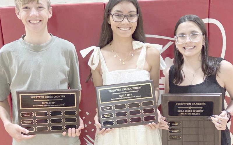 Perryton High School’s cross country teams were honored at the Perryton High School All Sports Awards Banquet. Pictured are, from left: boys MVP Jacob Erickson; girls MVP Alexa Rosales; and girls Fighting Heart award winner Averie Russell. Not pictured is boys Fighting Heart award winner Angel Ramirez.