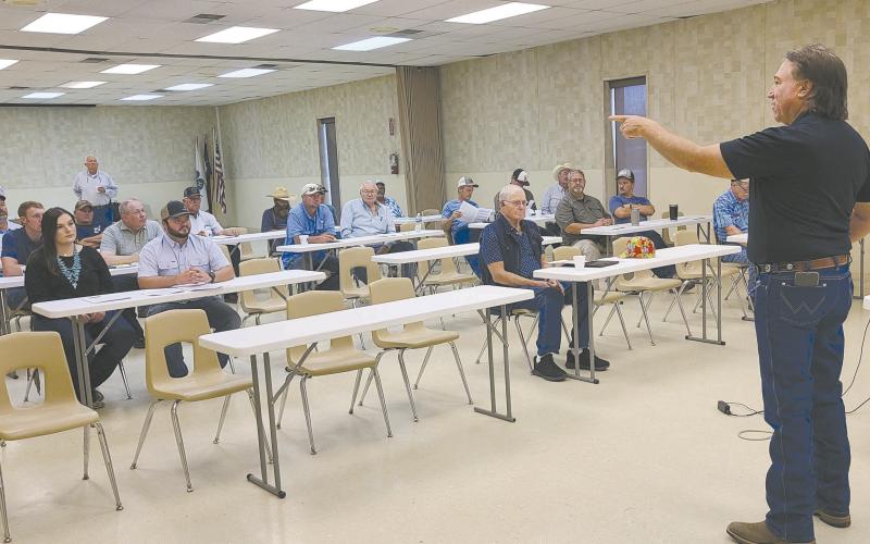 WHEAT CONFERENCE MARKS 25TH YEAR— The 2023 Wheatheart Wheat Conference was held last Thursday morning at the Ochiltree County Expo Center. The conference, now in its 25th year, brought out a host of Extension experts for programs focusing on this year’s market outlook, insect management, weed management, and more. Ochiltree County Extension Agent Scott Strawn, pictured above, provided an introduction to this year’s conference.