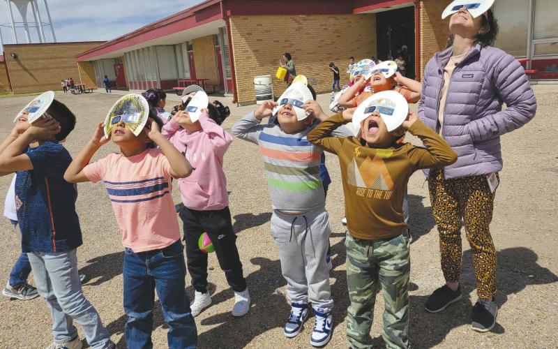 Students from Wright Elementary got to enjoy some time watching the solar eclipse on Monday afternoon. All students got their own pair of eclipse glasses so they could safely view the eclipse, but students in Donna Wright’s second grade class had their own paper plate-improved versions, partly so they’d make a better fit and partly for extra protection. Though Monday’s eclipse was only partial in Ochiltree County, the path of the total solar eclipse forecasted for August 2045 will pass over Perryton.
