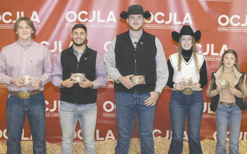 2024 GRAND CHAMPION WINNERS AT LIVESTOCK SHOW At the Ochiltree County Junior Livestock Show and Sale on Jan. 19-20, buckle awards were presented to the exhibitors showing the animals that won Grand Champion for their breed. Pictured are, from left, front row: Cash Wheeler (Grand Champion Goat), Dalton L’Esperance (Grand Champion Sheep), Evan Born (Grand Champion Heifer), Maddie Schickedanz (Grand Champion Steer), and Hallie Lopez (Grand Champion Swine). (Photo credit: Tessa Powell)