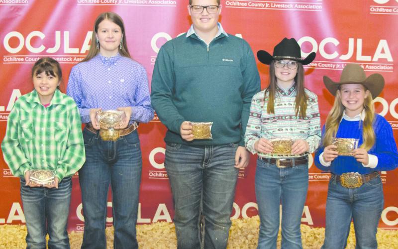 RESERVE GRAND CHAMPION WINNERS— The Reserve Grand Champion winners were presented with their buckle awards at this year’s Ochiltree County Junior Livestock Show and Sale on Jan. 19-20. Pictured are, from left, front row, Chloe Richardson (Reserve Grand Champion Sheep), Tana Williams (Reserve Grand Champion Heifer), Landry Anderson (Reserve Grand Champion Swine), Amelia Jumper (Reserve Grand Champion Goat), and Lakyn Boxwell (Reserve Grand Champion Steer). (Photo Credit: Tessa Powell)