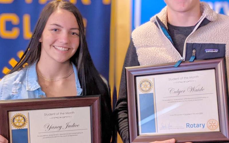 STUDENTS OF THE MONTH—Yancey Judice, left, and Cuyler Waide were named the Perryton Rotary Club’s Students of the Month for October. They were recognized at the club’s meeting Oct. 1.