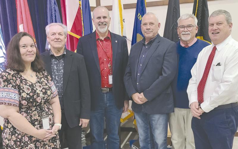 Perryton High School’s annual Veterans Day program brought together students of all ages to honor local veterans. In addition to presentations recognizing every veteran attendee, there were also musical and poetry performances. Pictured are, from left, PHS principal Tori Little, master of ceremonies Marlon Sparks, PISD superintendent Greg Brown, prayer leader Duce Cooper, and Keith Harris and Bill Bob Thrash, who both led recognition of veterans.