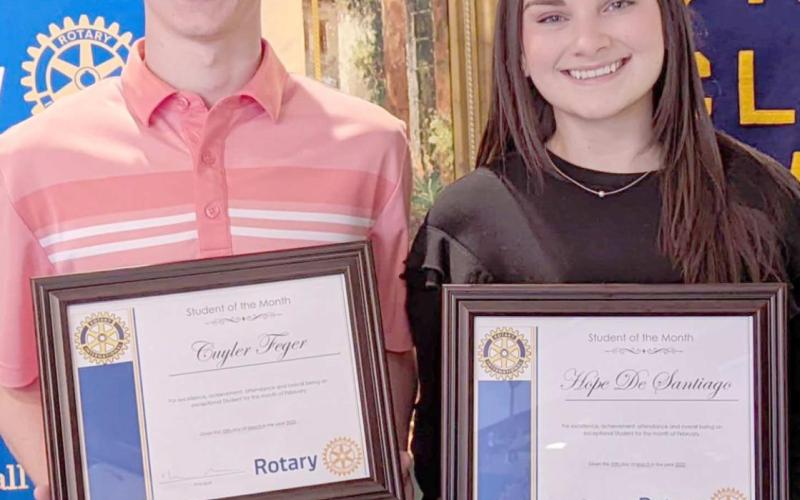 MARCH STUDENTS OF THE MONTH—PHS seniors Cuyler Feger, left, and Hope De Santiago were named the Perryton Rotary Club’s Students of the Month for March. They and they were guests of the club March 10.