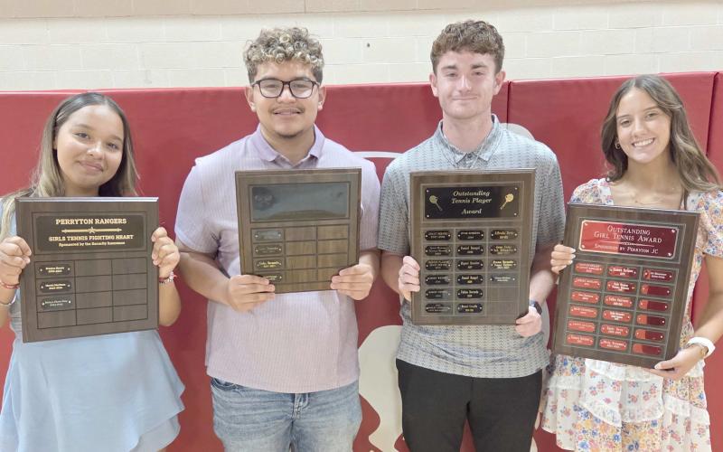 TENNIS HONOREES AT SPORTS AWARDS BANQUET— Perryton High School’s tennis teams were honored at the Perryton High School All Sports Awards Banquet. Pictured are, from left: Mairyn Flores Sosa, the recipient of the girls’ Fighting Heart Award; Daniel Tarango, who took home the boys’ Fighting Heart Award; Conner Kitchens, winner of the Outstanding Boys Tennis Player award; and Liv Eisenman, recipient of the Outstanding Girls Tennis Player award.