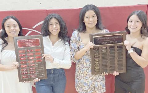 Perryton High School’s girls powerlifting team was recognized at the All Sports Awards Banquet on May 5 at the high school. Pictured are, from left, Jimena Mandujano and Alayna Lugo, who were named the team’s Outstanding Powerlifters, and Sherlyn Vargas and Natalie Estrada, who received the Fighting Heart award.