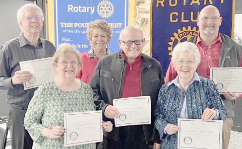 LONGTIME ROTARY CLUB MEMBERS— During the Perryton Rotary Club’s celebration of 85 years as a club, several long time members were recognized. They included, first row, from left, Ruth Roberson, 30 years; Kerry Symons, 28 years; and Cynthia Shattles, 35 years. In back are Bruce Roberson, 50 years, Shirley Howard 11 years; and Dent Felix, 11 years. Not pictured are Randy Brillhart, 35 years; Stephanie Pulpan, 18 years; and Monty Kinnard, 14 years.