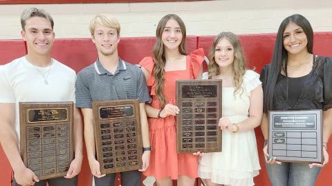 Perryton High School’s basketball teams were honored on May 6 at the Perryton High School All Sports Awards Banquet. Pictured are, from left, Julian Cervantes, who brought home the boys MVP award; Britt Blackshear, winner of the boys Fighting Heart award; Mallee Vela and Aubrey Daugherty, winners of the girls MVP award; and Analia Loera Cervantes, who won the girls Fighting Heart award.