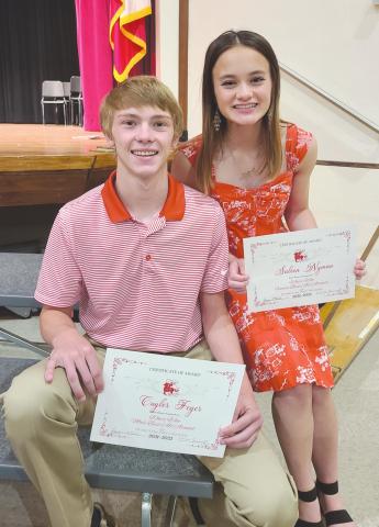 BEST ALL AROUND SENIORS In addition to the announcements of multiple local scholarships, the annual awards ceremony Wednesday morning included the announcement of this year’s Best All Around in the Class of 2022. They are, from left, Cuyler Feger and Saleen Nyman.