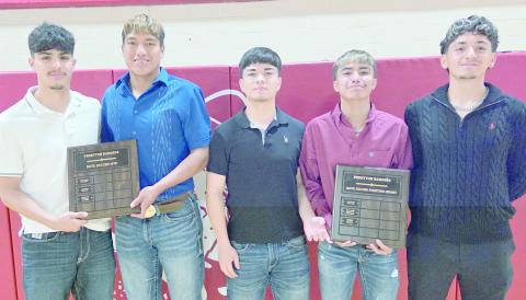 TOP PLAYERS IN BOYS SOCCER HONORED— Perryton High School’s boys soccer team was honored at the annual Perryton High School All Sports Awards Banquet. Pictured are, from left, Aviel Montes and Joel Alvarez, the team’s MVPs, and Iram Castillo, Ivan Guerrero, and Oziel Ramirez, who shared the team’s Fighting Heart award.