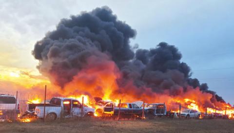 BLAZE BURNS THROUGH SALVAGE LOT A fire destroyed 175 salvage cars in a fire northwest of Perryton on Monday evening. Four trucks from the Perryton Fire Department carrying 14 fire personnel battled the blaze. There were no injuries or deaths from the fire.