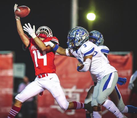RANGERS FALL TO MATADORS Ranger sophomore Julian Cervantes #14 reaches for a pass but is unable to haul it in during the second half against the Matadors. The Rangers fell to Estacado, 31-10. See story for more information. (Photo courtesy of David Erickson)
