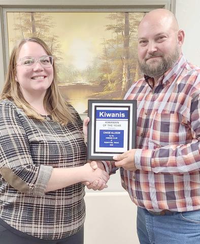 KIWANIAN OF THE YEAR—The Perryton Kiwanis Club recognized Chase Allison as their Kiwanian of the Year for 2024 during their annual banquet on Sept. 24. Pictured are, from left, presenter and Kiwanis treasurer Samantha Gonzalez, and Allison.