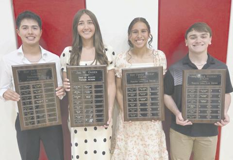High school athletes were honored at the Perryton High School All Sports Awards Banquet on Monday evening. Students in every sport were recognized and honored by their coaches, with a number of awards presented. Among the top honorees were from left, the school’s Best All Around Athletes, Jaxten Castanon and Mallee Vela, and PHS’s Best Student Athletes, Aliyah Hernandez and Samuel DeSantiago.
