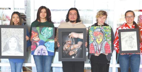 PERFECT ART—Five students from Perryton High School’s Art department were awarded Excellent ratings denoting perfect scores in the Visual Arts Scholastic Event (VASE) on Feb. 26. The online competition is sponsored by the Texas Art Education Association. Pictured are, from left: Denisse Enriquez (Art 4), Tania Rivero (Art 3), Adrian Navarrete (Art 3), Vex May (Art 2), and Maisy McGaughy (Art 1).