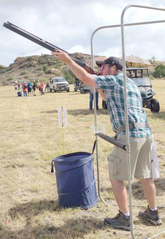 AIMING FOR VICTORY—The Perryton Ochiltree Chamber of Commerce’s annual Loaded Chamber sporting clays event brought in 68 shooting competitors from all over the area. Among the shooters was Steve Roberson of Pampa, taking aim at targets during the early phases of the competition.