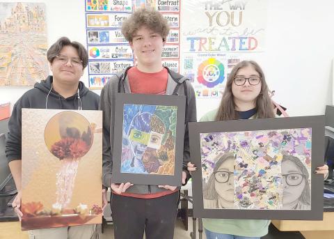 PHS ART STUDENTS SHINE AT OPSU— Art students at Perryton High School participated in the 25th annual Panhandle Area Art Jubilee at Oklahoma Panhandle State University in Goodwell, OK, on April 11-- 13. Students who brought home Merit Awards in the competition included, from left, David Murillo (Photo “Unrealistic Expectation”), Coda Dettmann (Mixed Media - “Fractured”), and Mayreli Navarrete (Mixed Media - “What Is Inside”).