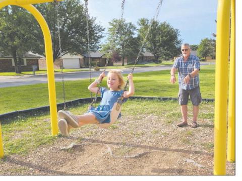 After several days of brutally hot weather, Ochiltree County finally got a small cooldown on Wednesday morning. Still, summer’s heat meant that many resident preferred to get their outdoor work and play done in the morning, when it was coolest. Pictured enjoying the swings at Whippo Park are Kinley Stevenson, age 6, and Matt Sheppard.
