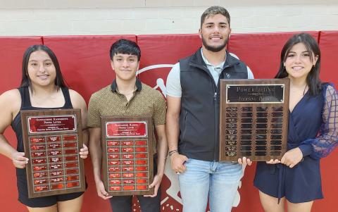 PHS POWERLIFTERS WIN HONORS— Perryton High School’s powerlifting teams were honored at the All Sports Awards Banquet. Pictured are, from left: Vanessa Chavira, girls Outstanding Powerlifter; Jonathan Becerril, boys Outstanding Powerlifter; Dalton L’Esperance, boys Fighting Heart award; and Yeiri Rodriguez, girls Fighting Heart award.