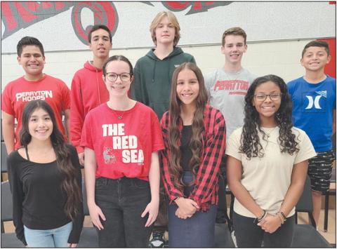 PHS SINGERS NAMED TO REGION CHOIR Perryton High School choir students attended Region and District auditions in Amarillo on Oct. 4, with nine students named to Region Choir. Pictured are, from left, front row, Brisa Araujo, Catey Thomas, Aliyah Hernandez, and Tiana Hill; second row, Gus Hernandez, Ever Campos, Caleb Jones, Miles Skipper, and Victor Sandoval.