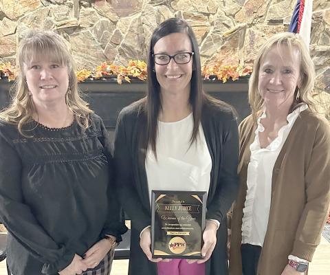 PPW WOMAN OF THE YEAR— Kelly Judice, CEO of the Ochiltree County Hospital District, center, was named the Woman of the Year by the Panhandle Professional Women’s Club. Pictured with her are PPW members Heather Dumcum, left, and Pam Chisum.