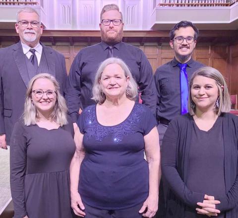 MESSIAH SOLOISTS—The 67th performance of George Frideric Handel’s “The Messiah” was held on Sunday, Nov. 27, at First United Methodist Church in Perryton. The soloists for the performance were, from left, front row, Morgan Farren (soprano), Jill Ellzey (alto), and TKaye Arruda (soprano); and back row, director Keith Harris, Brian Warren (tenor), and Miguel Escobar (bass). Not pictured is bass soloist Jim Baker. Farren and Warren were visiting soloists from Amarillo.