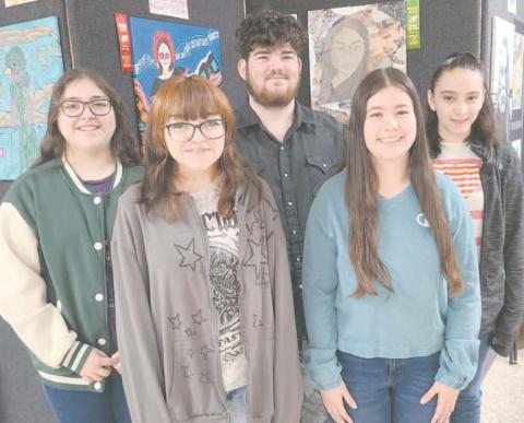 BEST ART PORTFOLIOS RECOGNIZED AT PHS—Art show judges presented awards for the Best Portfolios in the Perryton High School Spring Art Show. Winners are, from left, front row: Cristal Garcia (Art 2) and Lesly Pinon (Art 4); back row: Mayreli Navarrete (Art 3), Dakota Pearson (Photography 2), and Sadie Cummins (Art 1). Each portfolio winner received a $25 cash prize.