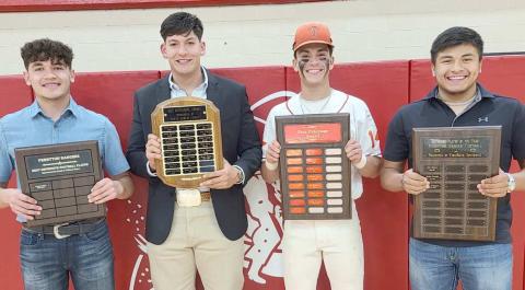 FOOTBALL HEROES—Perryton High School’s football team was recognized on Monday evening at the Perryton High School All Sports Awards Banquet. Pictured are, from left: Alejandro Uribe, Best Defensive Player; Bryan Chacon, Best Football Lineman; Julian Cervantes, Pete Peterson Award; and Isaias Dominguez, Best Offensive Player.