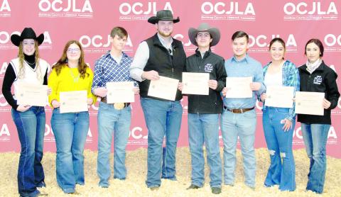 OCJLA SCHOLARSHIP RECIPIENTS—Eight students were awarded scholarships during the Ochiltree County Junior Livestock Show and Sale on Jan. 19-20. Pictured are, from left, Maddie Schickedanz, Karson Pribble, Bradie Flaming, Evan Born, Treven McKinley, Kile Merrick, Alana George, and Addison Miller Cook. Not pictured is Savanna Pshigoda. (Photo credit: Tessa Powell)