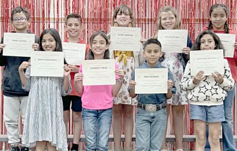 FOURTH GRADERS WITH PERFECT ATTENDANCE—Williams Intermediate School held their end-of-year awards ceremony. The recipients of the perfect attendance award for fourth graders were, from left, front row, Sofia Hernandez, Kimberly Frias, Iker Escobar, and Tahtyana Westfall; and back row, Jamie Castro, Brody Carreon, Avery Arruda, Wrensely Hill, and Jaquelin Pedraza.