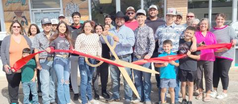 RIBBON-CUTTING HELD AT S&Y WESTERN WEAR—Members of the Perryton-Ochiltree Chamber of Commerce, along with friends, family, staff, and well-wishers were on hand recently for a ribbon-cutting ceremony for S&Y Western Wear at 220 SW 3rd Street in Perryton. The Western wear store is owned by Samuel and Yaneli Alvarez.