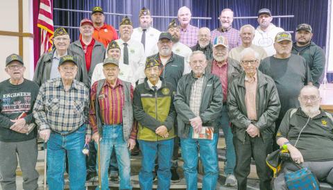 Area veterans were honored at Perryton High School’s annual Veterans Day program on Nov. 12. Pictured are, from left, front row, Don Simpson, Robert Mantooth, Neal Davis, Charlie Ludi, Byerl Bates, Don Hulsey, and Robert Overton; second row, Dempsey Malaney, Nikki Green, Dunningan McWhorter, Dr. H.R. Sharp, and Raymond Holt; third row, Mike Richardson, J.W. Hardy, J.W. Brown, Arvel Wall, Doug McGarraugh, and Gerardo Rosales; and back row, Frank Pacheco, Chase Allison, Danny Thurman, Nathan Ellzey, and Ryan 