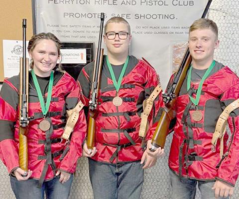 4-H MEMBERS QUALIFY FOR STATE —Ochiltree County 4-H members competed recently at the Panhandle District 4-H Roundup contests in Amarillo, and three qualified for state competition. Pictured are, from left, Rylan Oquin, Nathan Knox, and Kyle Oquin, who placed third overall as a team in the senior division of the .22 Rifle competition and qualified for state. Rylan Oquin also qualified for state in the senior Musical Instrument division of the Talent Contes