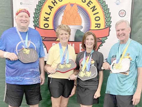 PICKLEBALL TOURNEY WINNERS—Four pickleball players from the Perryton and Booker area competed in the Oklahoma Senior Games Aug. 79 in Oklahoma City. All four qualified to attend the 2027 National Senior Games in Tulsa, OK June 30-July 11, 2027. Winning gold medals were Gary Rinker and Shirley Howard, 60-64 age division; Rinker and Rick LaFollette, 55-64 age division; Howard and Dunlavy, 65-69 age division; and LaFollette in the 75-79 age division. LaFollette and Dunlavy also won bronze in the 60- 64 age div