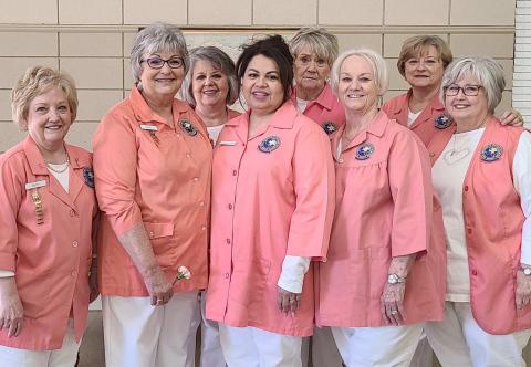 AUXILIARY OFFICERS—The Ochiltree General Hospital Auxilliary installed new officers this week. Pictured are, from left, front row, secretary Betty Caddel, president Debby Schollenbarger, third vice president Susie Estrada, treasurer Ethel Rudd, and co-second vice president Kay Turner; and back row, gift shop manager Debbie McGarraugh, historian Judy Russell, and gift shop manager Jean Pshigoda. Not pictured are first vice president Linda Rodgers and co-second vice president Janelle Cochran.