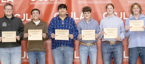OCJLA SCHOLARSHIP RECIPIENTS— Six students were awarded scholarships during the Ochiltree County Junior Livestock Show and Sale on Jan. 16-17. Pictured are, from left, Landry Anderson, Isaac Arellano, Stryven Pshigoda, Keenan Daugherty, Nathan Miller, and Cash Wheeler. ( Photo credit: Hailey Clark of Hailey Renee Photography)