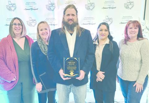Symons Custom Application was named the Corporate Citizen of the Year by the Perryton-Ochiltree Chamber of Commerce during its annual banquet on Feb. 20. Pictured from left are Perryton-Ochiltree Chamber of Commerce Executive Director Crystal Richardson, presenter Pam Chisum, Jed Symons, Teresa Castillo, and presenter Heather Dumcum.