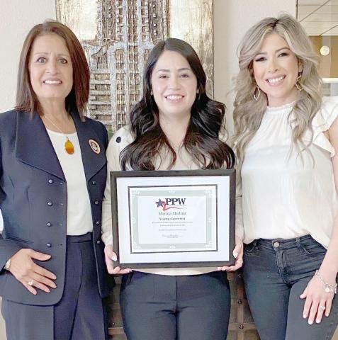 PPWYOUNG CAREERIST— Marina Medina, center, has been named the Young Careerist of the Month by the Panhandle Professional Women’s Club. Pictured with her are Susie Najera, left, and Lupita Mendoza Ottinger.