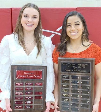 PHS VOLLEYBALL PLAYERS WIN AWARDS—Perryton High School’s volleyball team was honored on May 2 at the Perryton High School All Sports Awards. Pictured are, from left: Halley Farney, winner of the Fighting Heart award, and Tanya Navarrete, MVP.