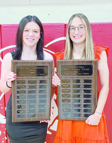 PHS SOFTBALL TEAM WINS AWARDS— Perryton High School’s softball team was honored at the Perryton High School All Sports Awards Banquet. Pictured are, from left, Mikila Roberts, Leadership Award, and Kamri Kerl, Most Valuable Player.