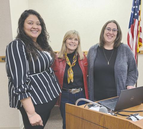 Shawn Johnson of Dallas was the latest speaker in the Leadership Perryton series. She spoke on “Strengthening Intergenerational Connections Across the Community” at Frank Phillips College, Allen Campus last Thursday evening. The seminar was sponsored by Harvey’s Electric and Interstate Bank. Pictured are, from left, Leadership Perryton planning committee member Nicole Tobar, Johnson, and committee member Crystal Richardson.