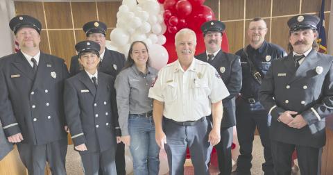 City of Perryton staff, supervisors, council members, and citizens gathered on Dec. 5 for a retirement reception for longtime Fire Department Chief Paul Dutcher. Dutcher had been the city’s Fire Chief for 35 years. Pictured are, from left, Thomas Beal, Amanda Cowan, Ronnie Robinson, Olivia Thompson, Chief Dutcher, Collin Manross, Will Schafer, and Jordan Thomas.