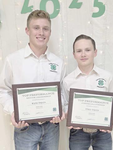 OUTSTANDING LEADERSHIP AND RECORD BOOK AWARD— Ochiltree County 4-H held their annual awards ceremony at the Ochiltree County Expo Center on Oct. 9. The awards for Outstanding Senior and Junior Leadership, along with the Record Book awards, went to, from left, Kyle Oquin and Clay Oquin.